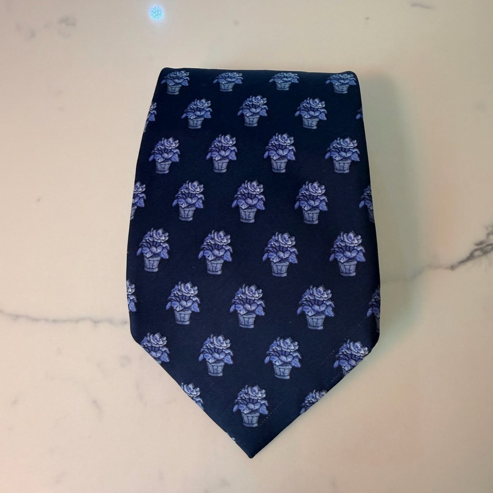 Yves Saint Laurent Navy Tie with Light Blue Floral Motif